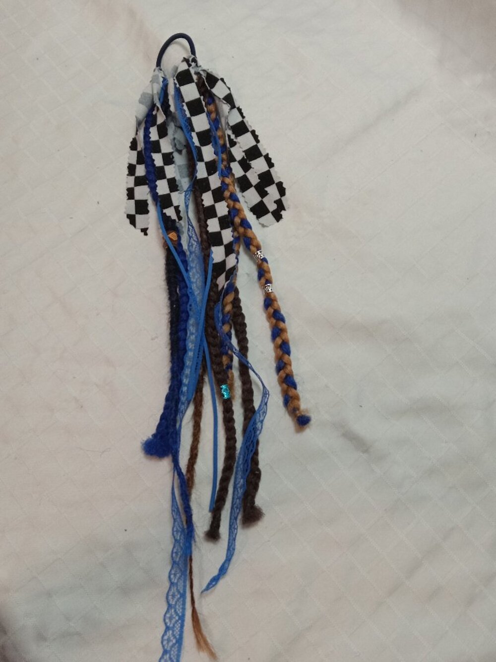 Handmade bohemian hair accessory with dreads, braids, lace ribbons & decorations